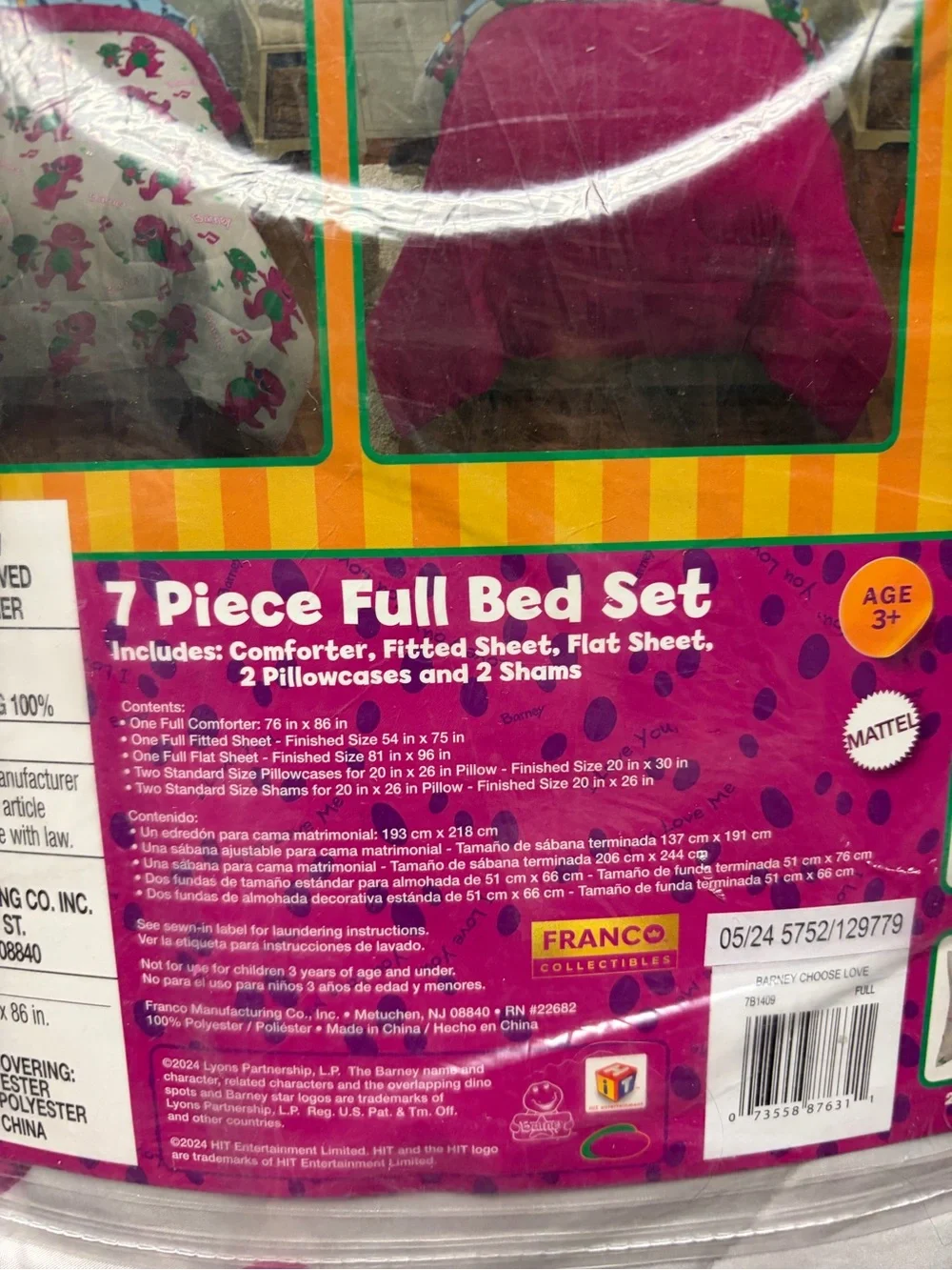 7 pc Barney Sheets Comforter Pillowcases Shams FULL Size  Franco